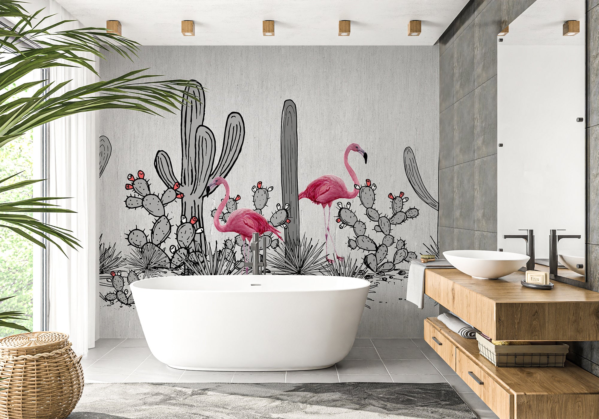Papier peint panoramique salle de bain cactus & flamant rose, XXL, tendance