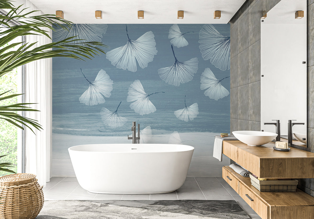 Sfondo per bagno blu japandi gingko