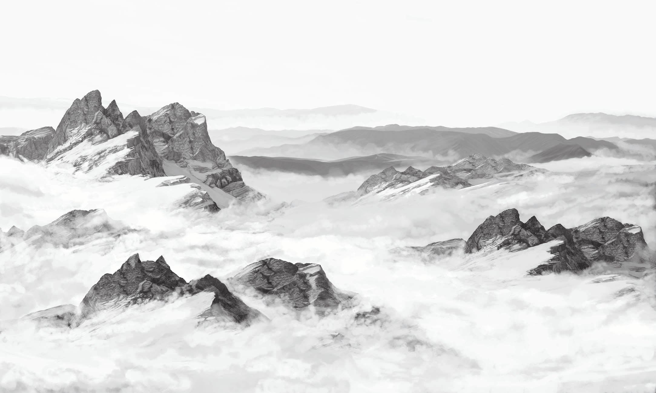 Papier peint panoramique montagne noir et blanc, XXL, tendance