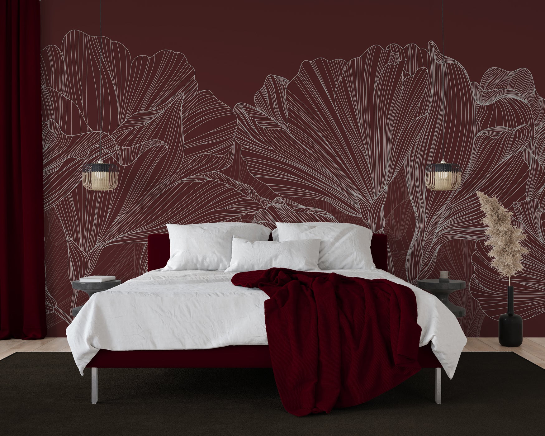 Papier peint panoramique valse des fleurs bordeaux, mural concept, tendance