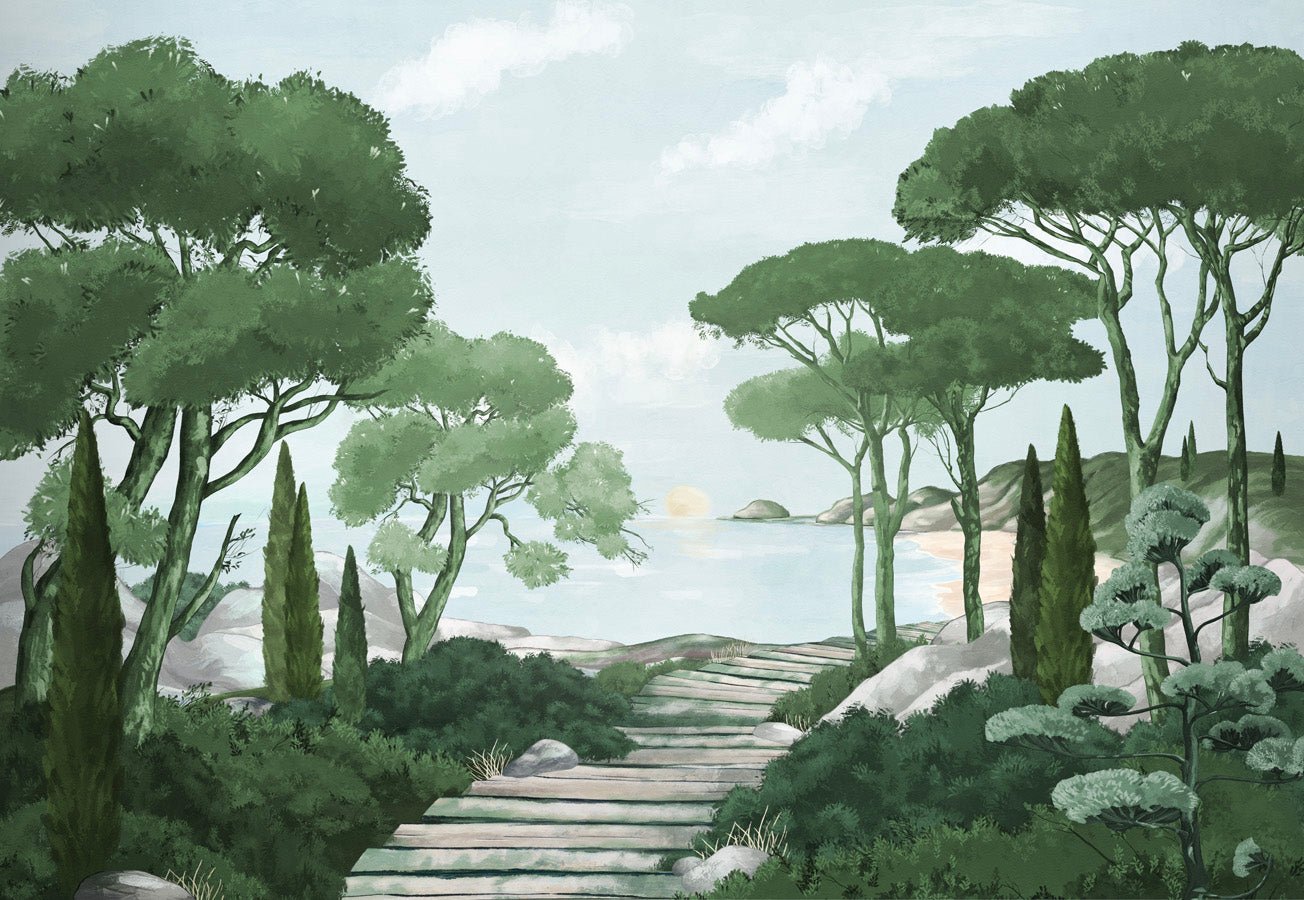 Papier peint balade dans les calanques vert, mural concept, tendance