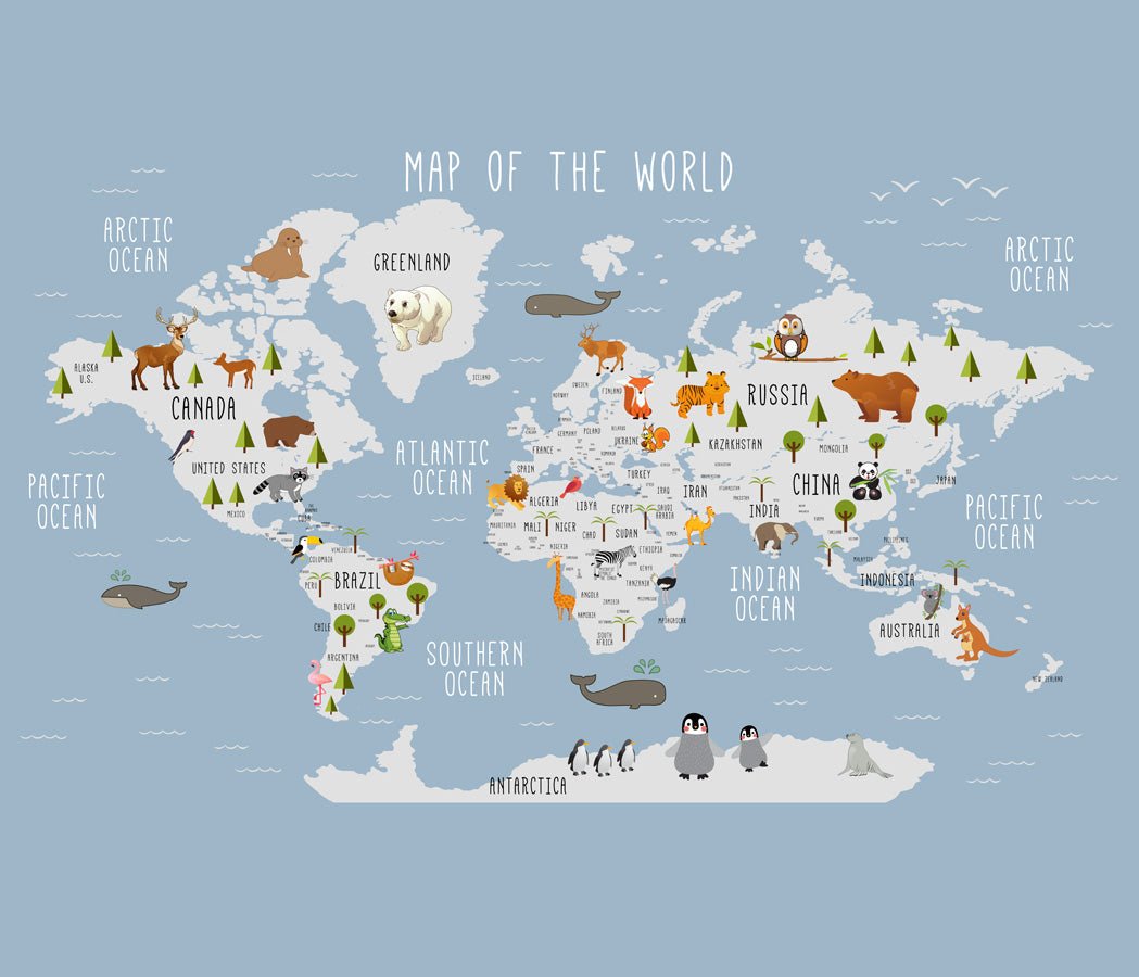 Papier peint Carte du monde illustrée Animaux, mural concept, tendance