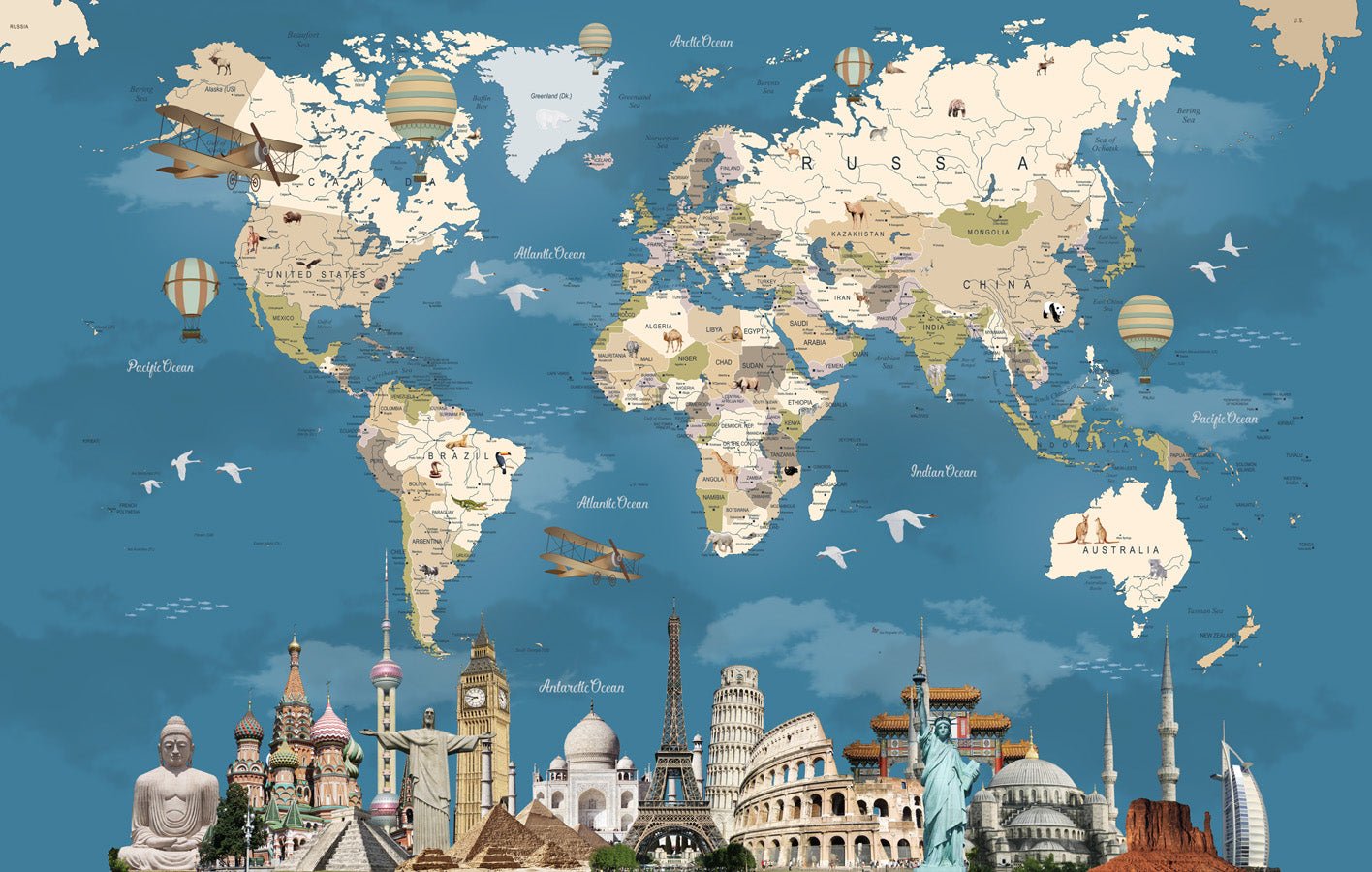 Papier peint carte monde Monument World, mural concept, tendance