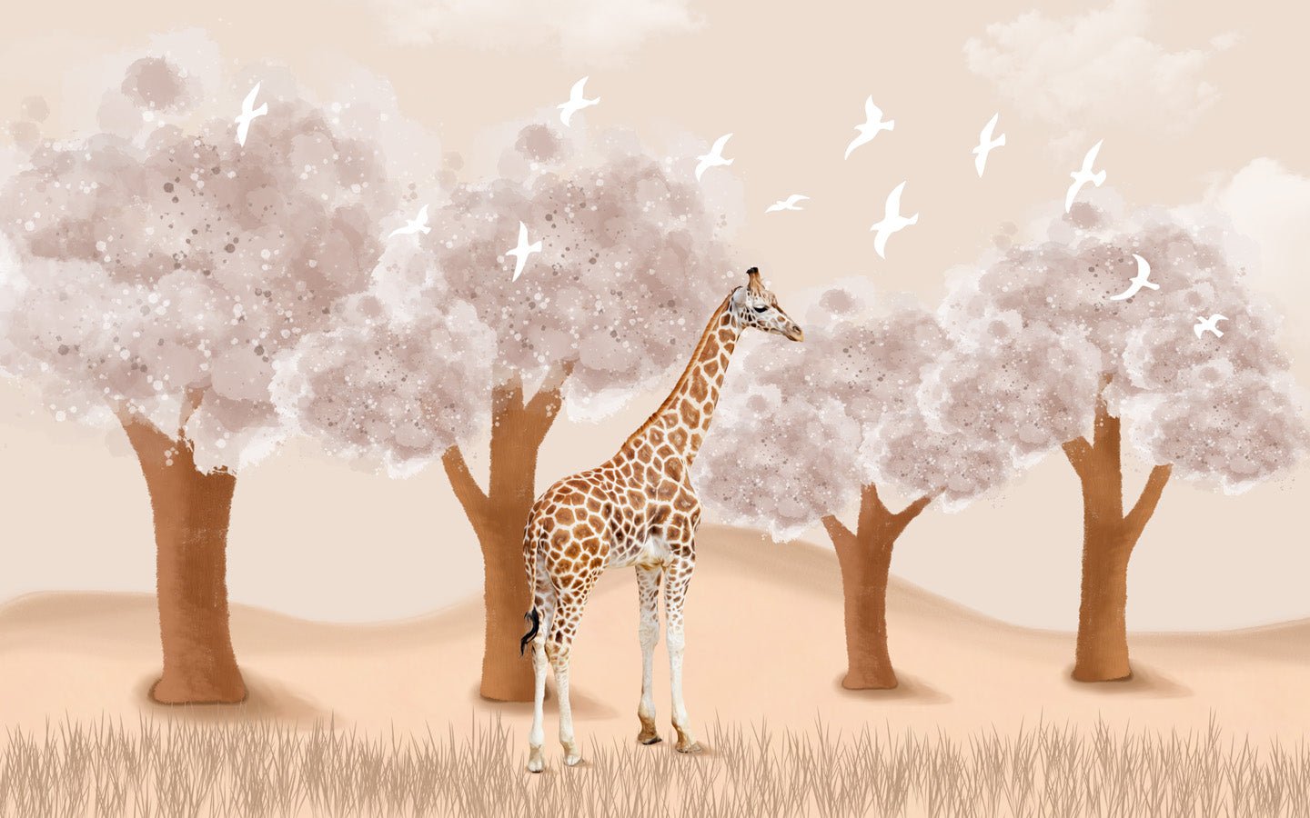 Papier peint chambre enfant Girafe dans la Savane, mural concept, tendance