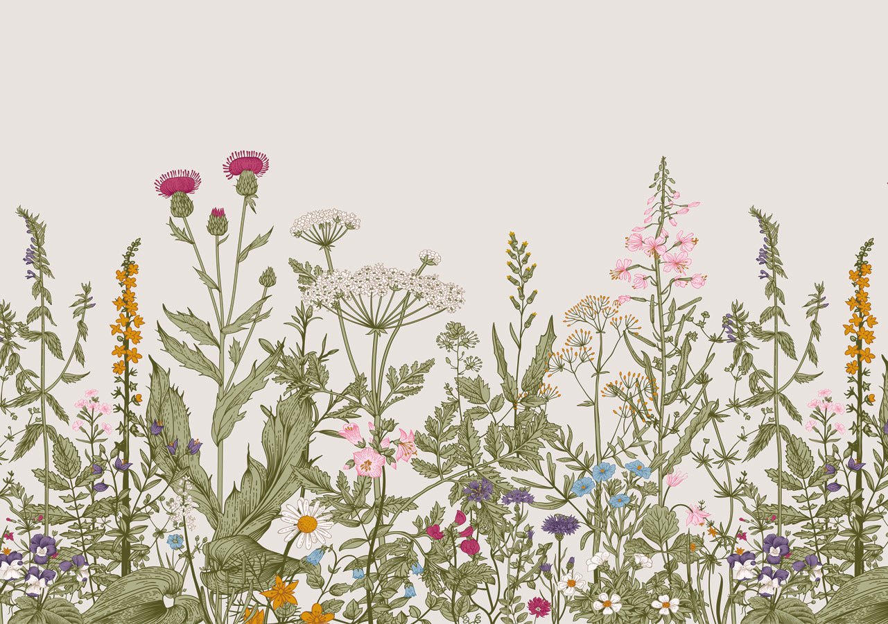 Papier peint fleur botanique folk romantique, mural concept, tendance