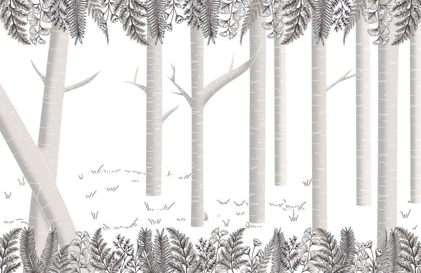 Papier peint salle de bain forêt bouleau gris, mural concept, tendance