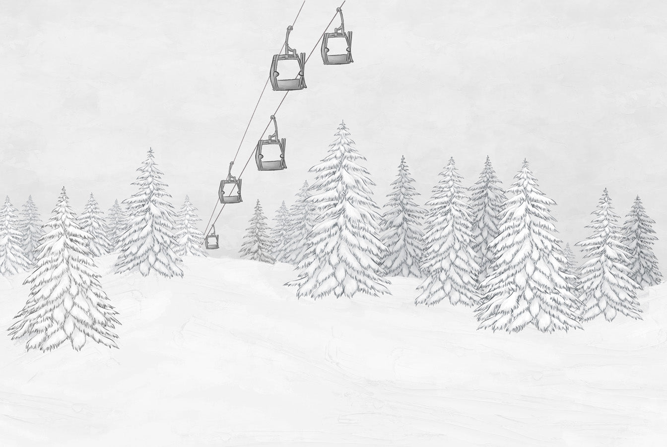 Papier peint montagne télécabine noir & blanc, mural concept, tendance
