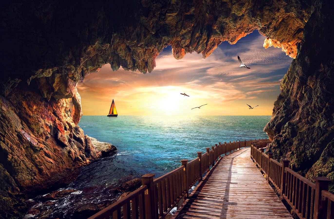 Papier peint Océan Coucher de soleil, mural concept, tendance