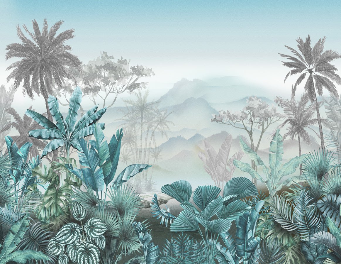 Papier peint tendance tropical bleu, mural concept, tendance