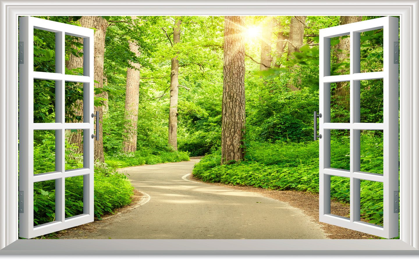 Papier peint trompe l’œil balade en forêt, mural concept, tendance