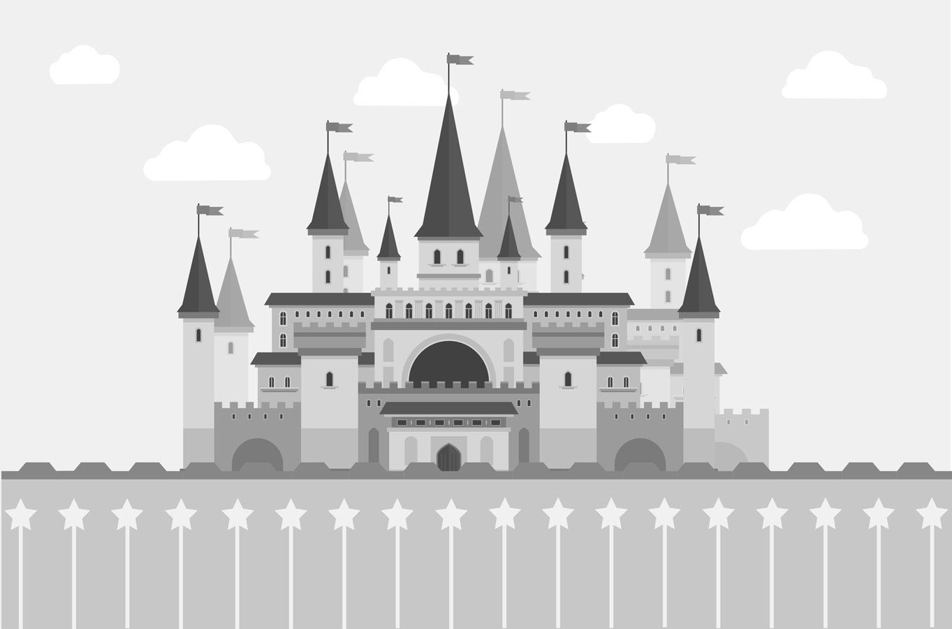 Papier peint enfant château princesse & prince noir et blanc - Muralconcept