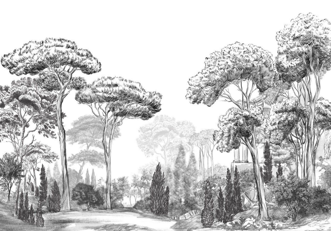 Papier peint pins élégants noirs et blancs - décor mural raffiné - Muralconcept