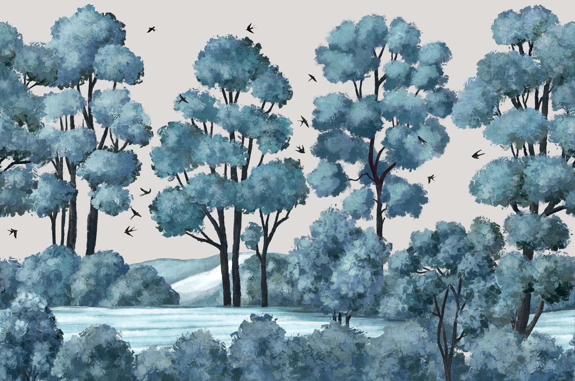 Papier peint paysage rivière forêt bleu, XXL, tendance