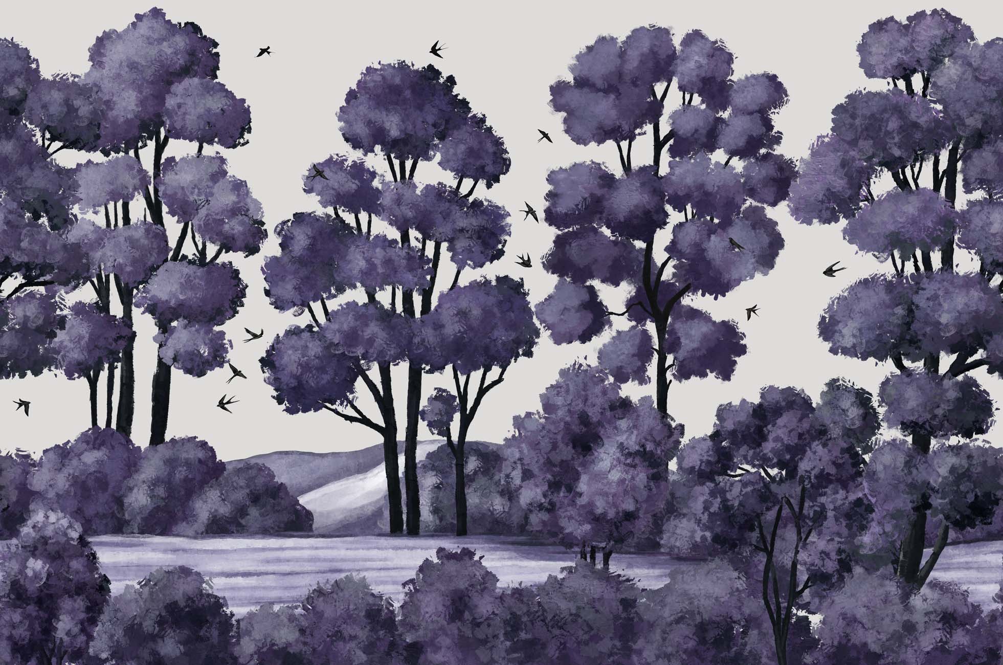 Papier peint paysage rivière forêt violet, XXL, tendance