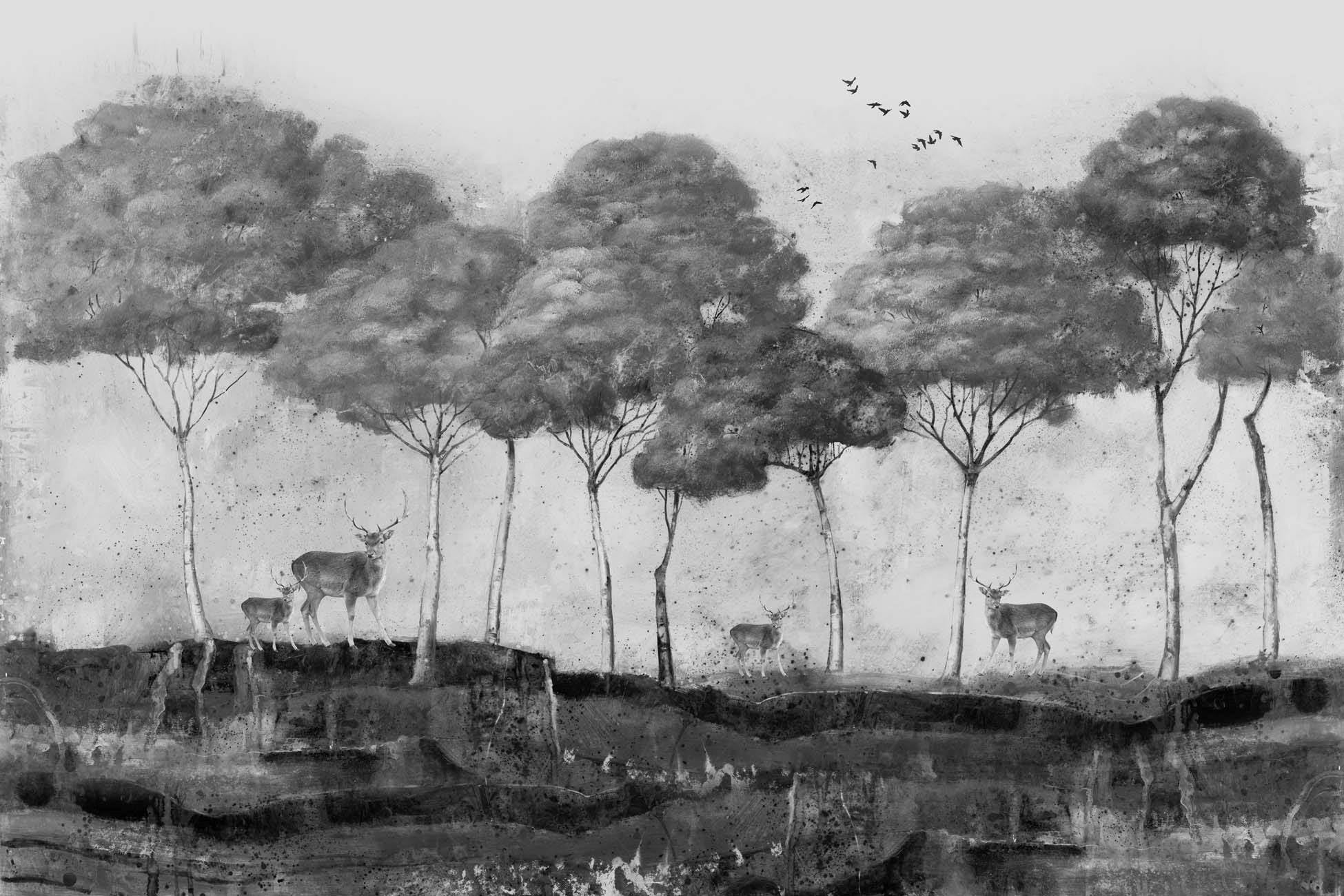 Papier peint panoramique Pins & Cerfs Mystiques, XXL, tendance