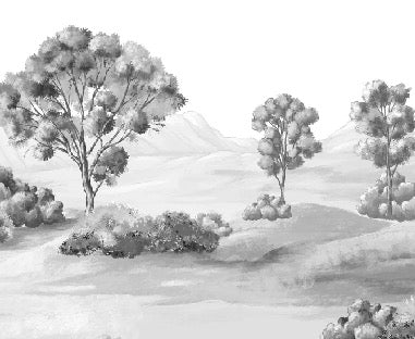 Carta da parati con paesaggio poetico in bianco e nero