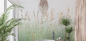 Carta da parati verde con fiori di campo di grano