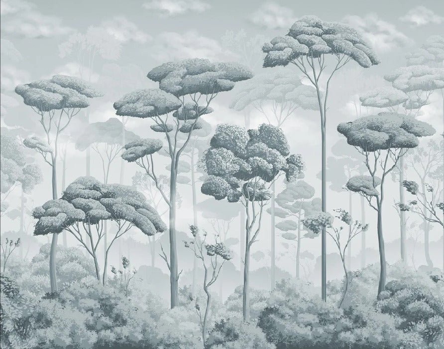Carta da parati panoramica della pineta voluttuosa blu argento