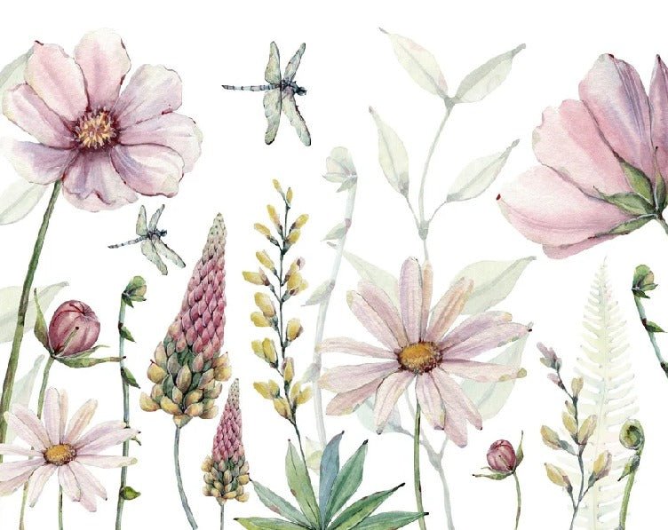 Carta da parati con fiori e libellule