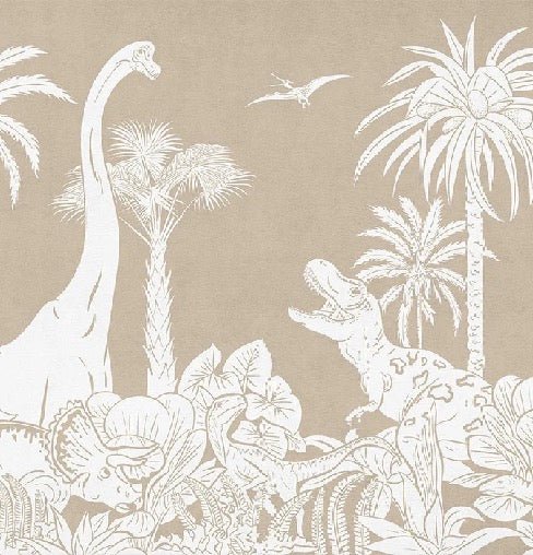 Carta da parati monocromatica beige con dinosauri