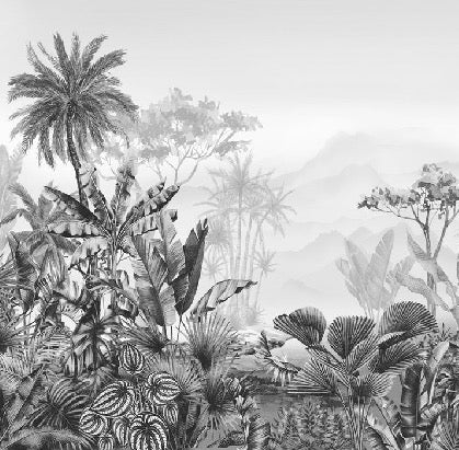 Carta da parati tropicale in bianco e nero di tendenza