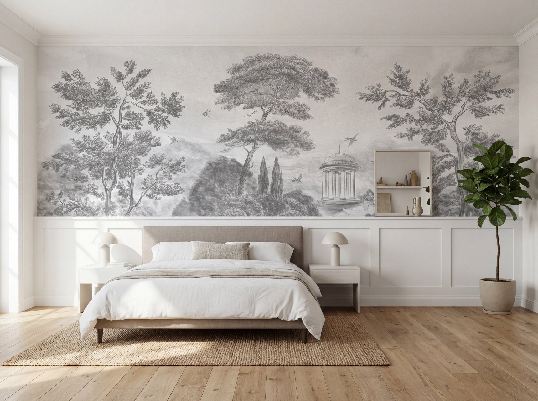 Papier peint panoramique Villa Borghese Rome – Gravure noir et blanc pins italiens - Muralconcept