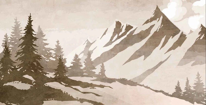Carta da parati vintage seppia con abeti e montagne