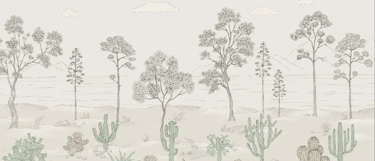 Carta da parati verde con cactus dell'oasi tropicale