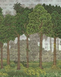 Carta da parati illustrata con grandi alberi