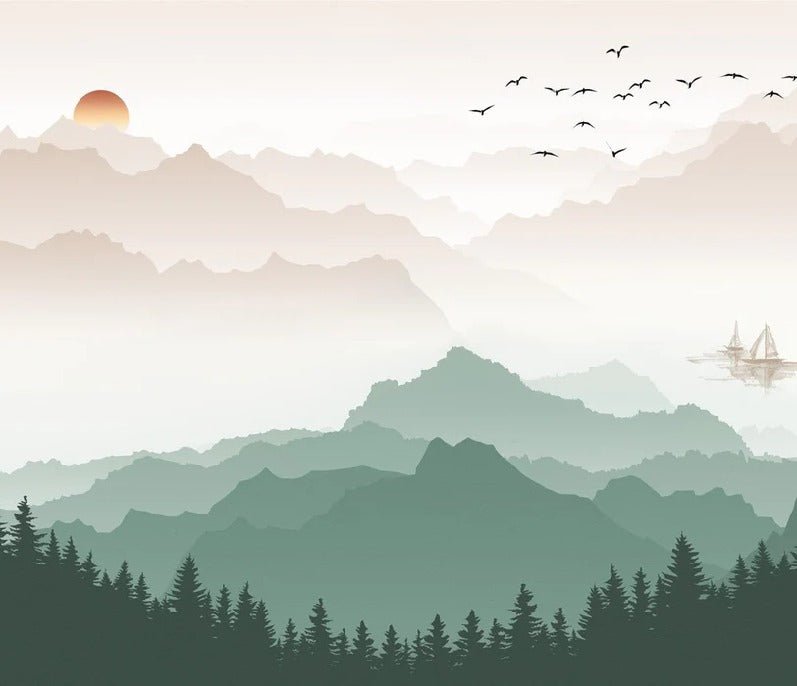 Papier peint montagne dans brume terracotta, XXL, tendance