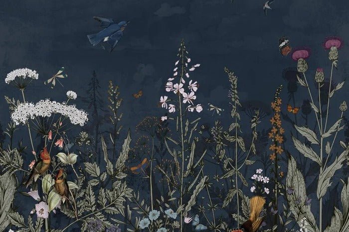 Papier peint panoramique bleu nuit floral, mural concept, tendance