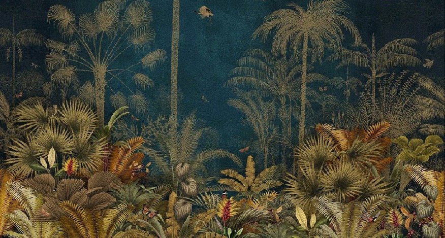 Carta da parati blu incisa nella giungla