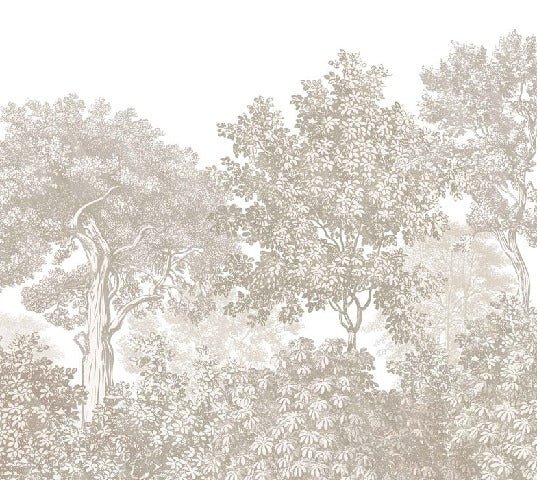Carta da parati paesaggio foresta incisione beige