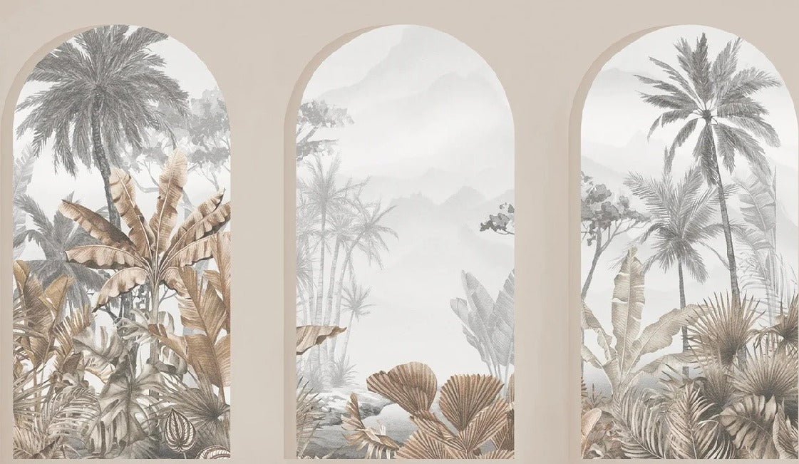 Carta da parati con archi tropicali color seppia