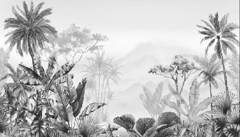 Carta da parati tropicale in bianco e nero di tendenza