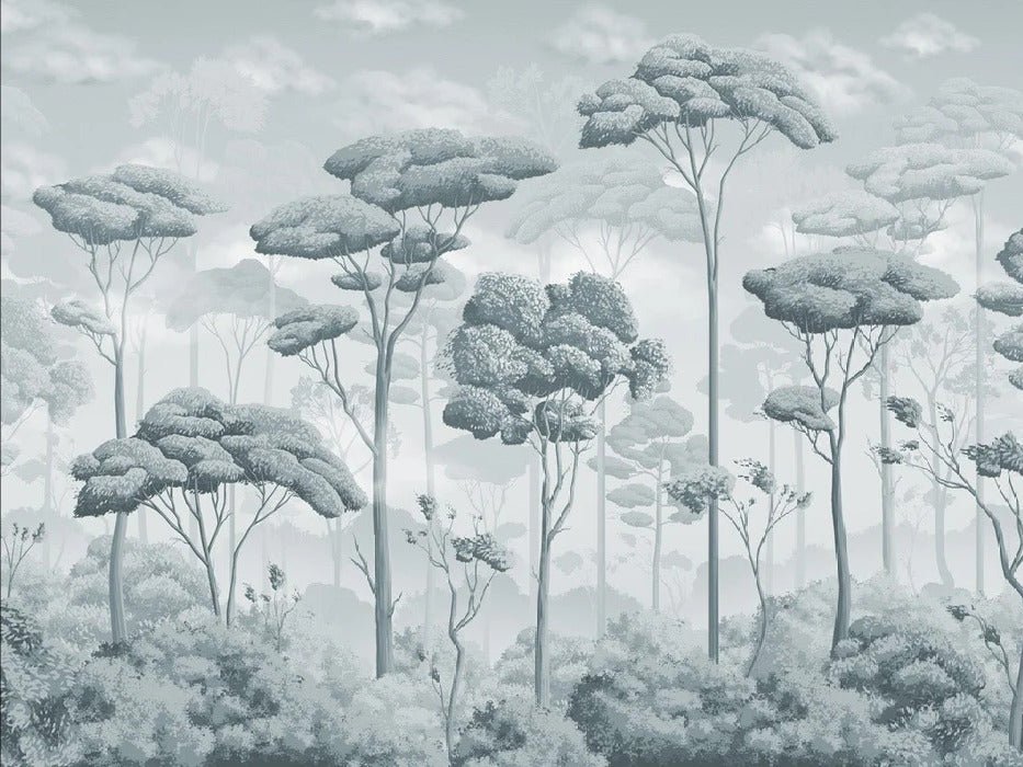 Carta da parati panoramica della pineta voluttuosa blu argento