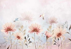 Carta da parati bucolica con fiori e colibrì
