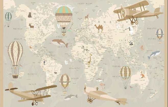 Papier peint enfant carte du monde aviateur, XXL, tendance