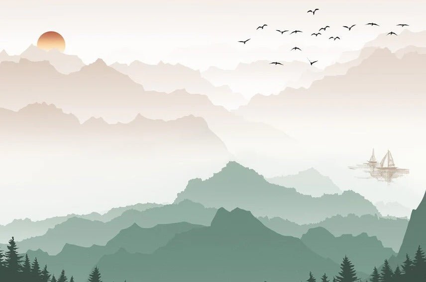 Papier peint montagne dans brume terracotta, XXL, tendance