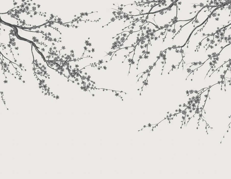 Papier peint panoramique fleur Sakura noir et blanc, XXL, tendance