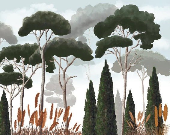 Papier peint sur mesure cyprès pins et herbes de la pampa, XXL, tendance