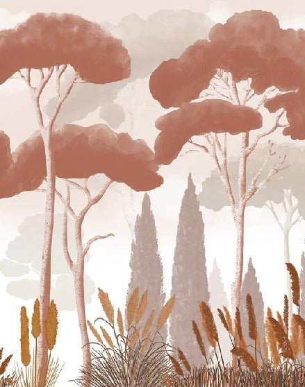 Carta da parati in terracotta con cipressi, pini ed erba della pampa