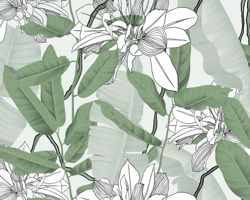 Carta da parati a fiori NB verde fogliame naturale
