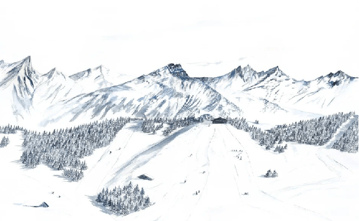 Papier peint montagne Megève – Fresque artistique peinte à la main - Muralconcept