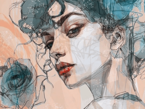 Papier peint visage féminin blue rose - Muralconcept