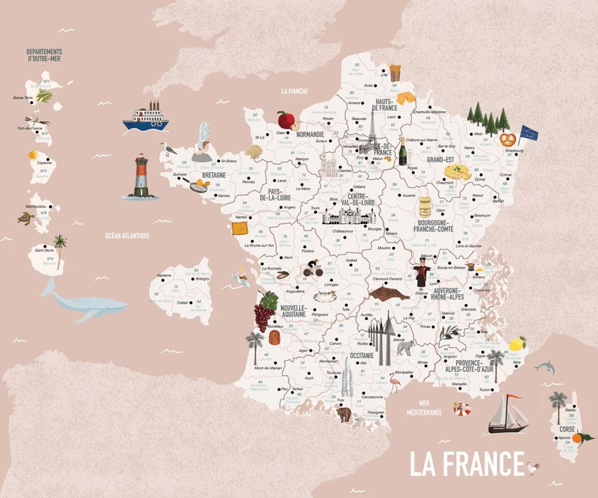 Papier peint enfant carte France rosé