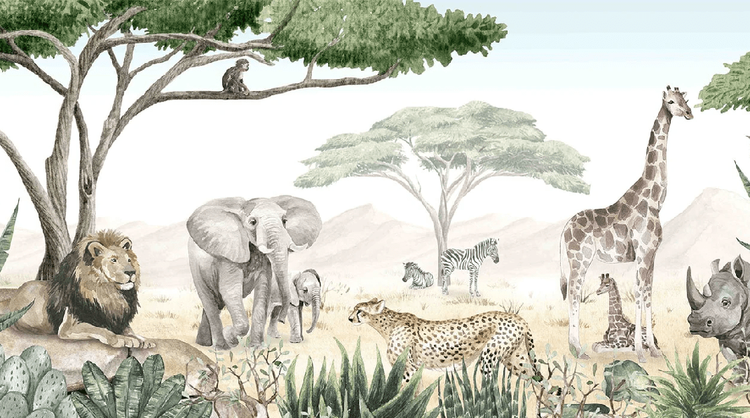 Papier peint enfant savane en peinture
