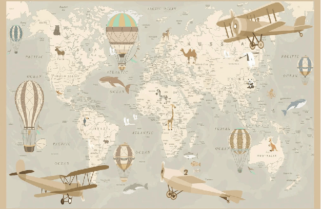 Papier peint enfant carte du monde aviateur, XXL, tendance