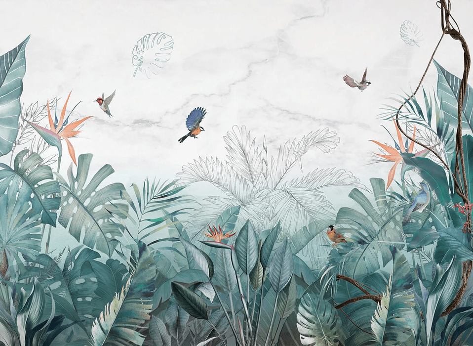 Carta da parati giungla blu marmo