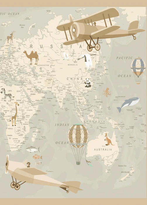 Papier peint enfant carte du monde aviateur
